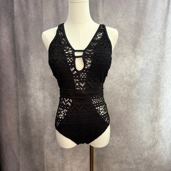 Black XL Cutout Crochet One-Piece Swimsuit with Tie Back and lace look NWT - Picture 2 of 12